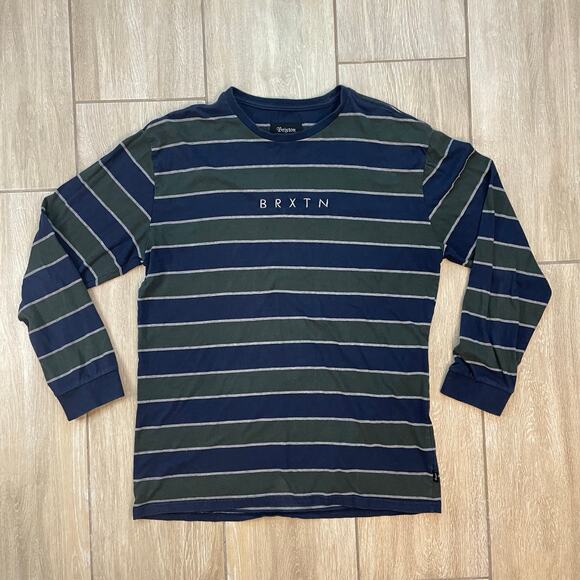 Brixton Striped Long Sleeve Shirt Men's Large Navy Green Cotton Crewneck BRXTN - Picture 1 of 7